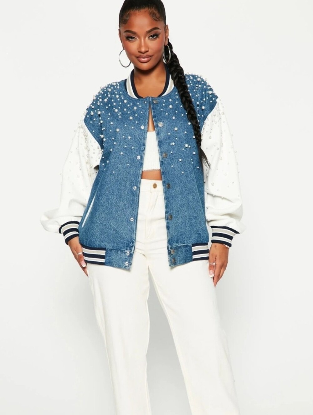Denim & Pearls Varsity Jacket